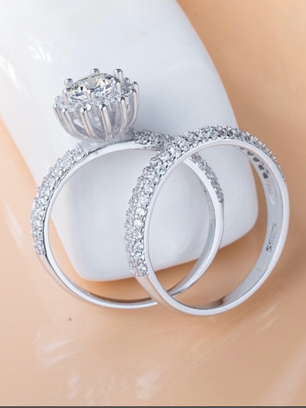 Engraved 925 Sterling Silver White gold plated lab diamond 2 pc women ring band